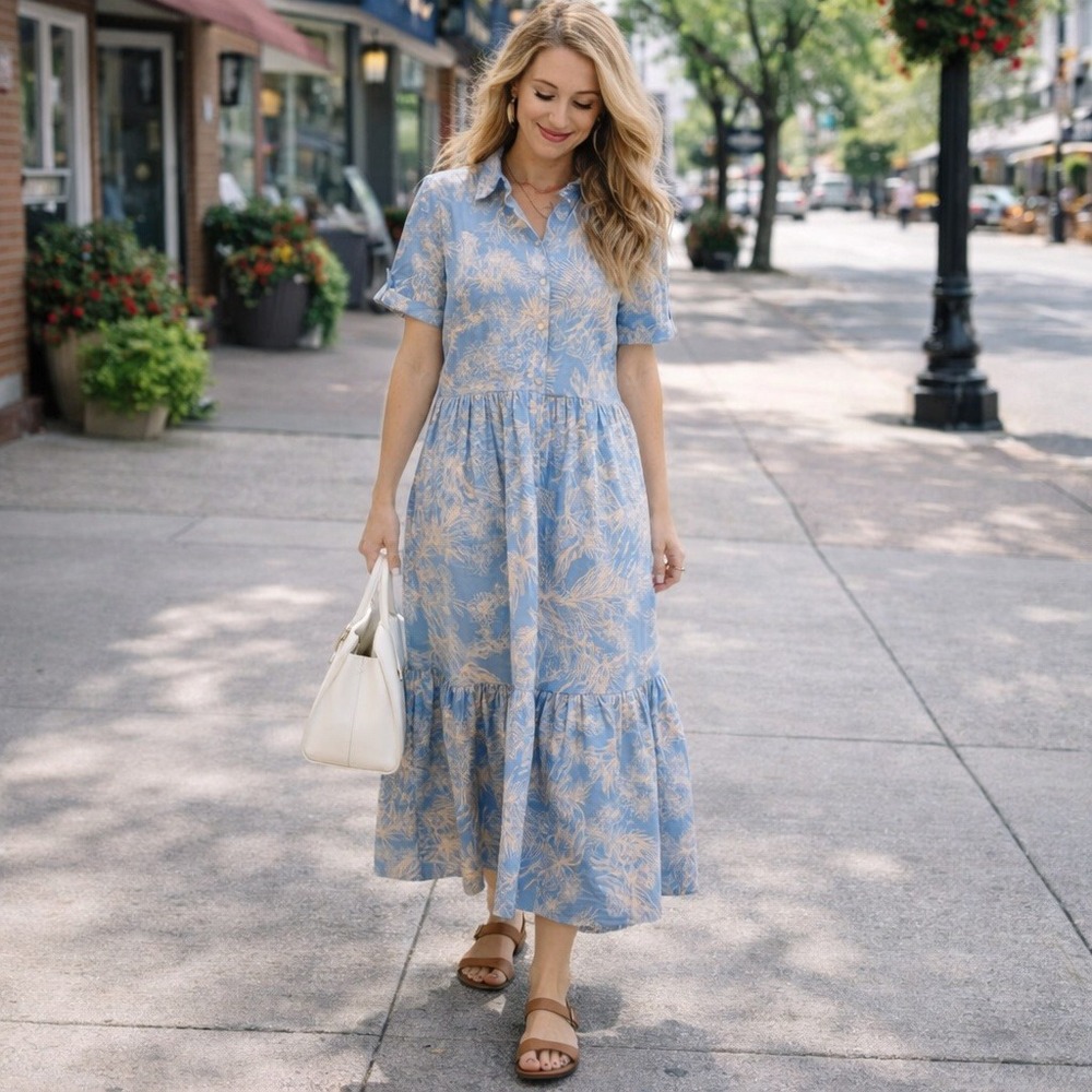 1.STATE Blue Tropical Cotton Tiered Maxi Dress Short Sleeve Button Front L